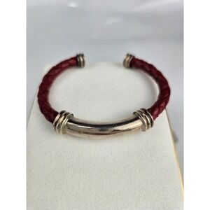 ESPO 925 Sterling Silver Red Leather Cuff Bracelet Open Bangle